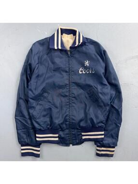 Vtg Coors Light Satin Poly Bomber Jacket Rockabilly Blue USA Talon 1960s 1970s